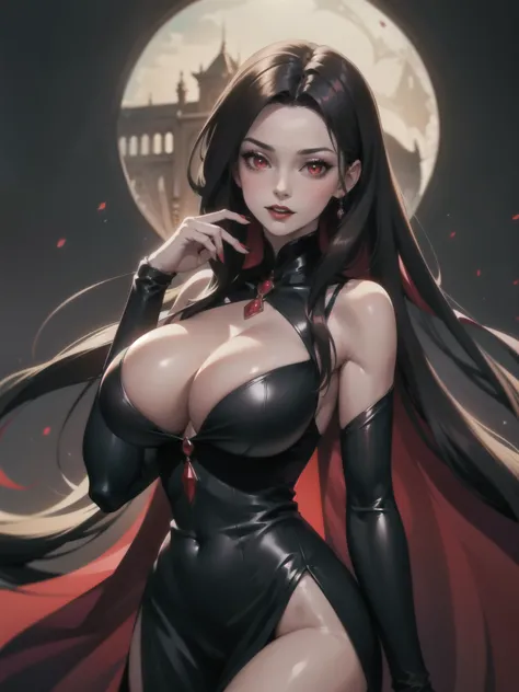 1girl, beautiful, vampire goddess, brunette very long hair, red eyes, wearing a sexy red and black dress, ultrasharp, looking at the viewer, ((best quality)), ((masterpiece)), (detailed), perfect face, big breast, sexy pose, sexy body,
