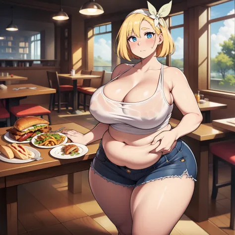 ((highres)), Masterpiece, high quality, best quality, beautiful, perfect lighting, detailed face, ultra cute face, full body, (cowboy shot), ((1girl)), ((solo)), skindentation, messy blonde hair, blue eyes, ((blush)), shocked, short skirt, tank top, thighs...