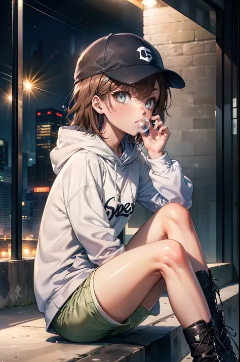 mycotrose, brown eyes,brown hair,short hair,small breasts,oversized black hoodie,baseball hats,shorts,boots,both hands are in th...