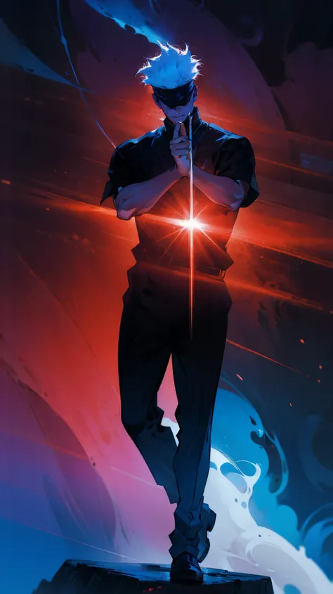 1boy, full body shot, perfect hand and fingers, satoru gojo, blindfold, black outfit, white hair, look at sky, smirk, red and blue moon city night background, wallpaper, cinematic,High resolution 8K, Bright light illumination, lens flare, sharpness, master...