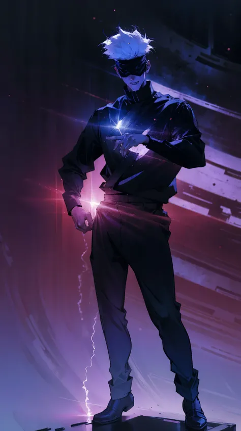 1boy, full body shot, perfect hand and fingers, satoru gojo, blindfold, black outfit, white hair, look at sky, smirk, red and blue moon city night background, wallpaper, cinematic,High resolution 8K, Bright light illumination, lens flare, sharpness, master...