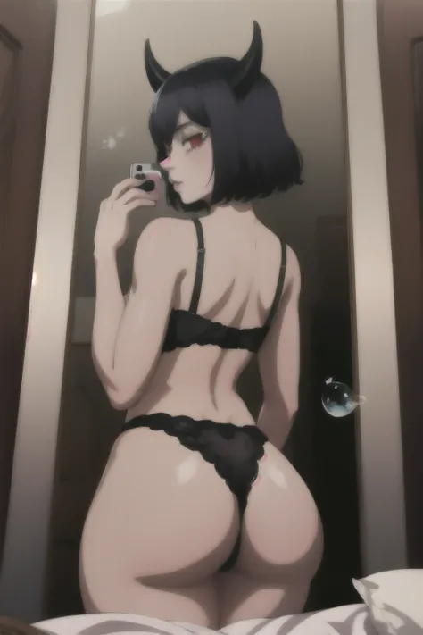 almost visible genetalia big ass black hair bubble ass bubble butt female funny horns mirror mirror selfie nonchalant presentation purple panties red eyes selfie short hair