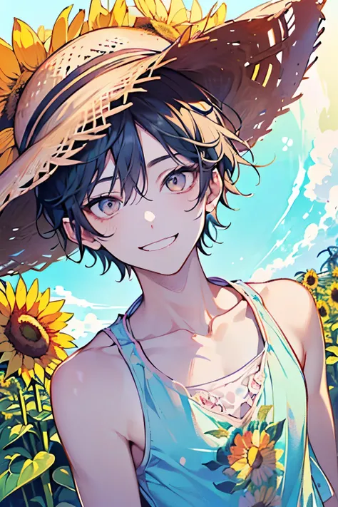 ((cute,kawaii)),((pastel color)),(A happy smile),((Tank top and straw hat:1.3)),(He is wearing a sheer short-sleeved colored shirt.:1.35),(Sunflower field:1.3),Shiny hair,(Natural Color),((Angle from below:1.1)),(Angle of incitement:1.3),((Tropical illustr...