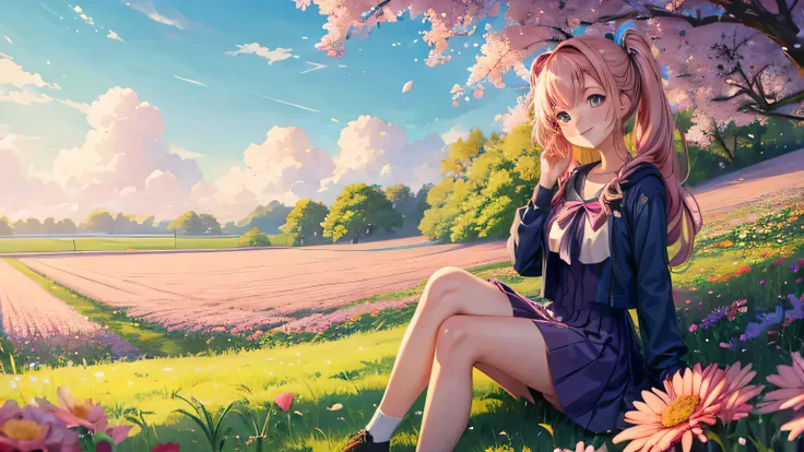 Anime girl in the anime style of the 80s sitting in a field of flowers and looking at the camera, smiling. pastel-colored