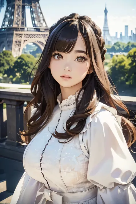 Highest quality、High resolution、Detailed Background、(Beautiful face in every detail:1.4)、Anatomically correct、(Detailed facial expressions)、Teenage beauty、(Highly detailed face:1.2)、(Huge breasts:1.2)、Cute hair colour、Braided long hair、Wavy Hairstyle、well-...