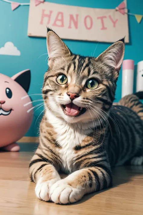 Image of a happy, smiling cat with a cartoon-style background