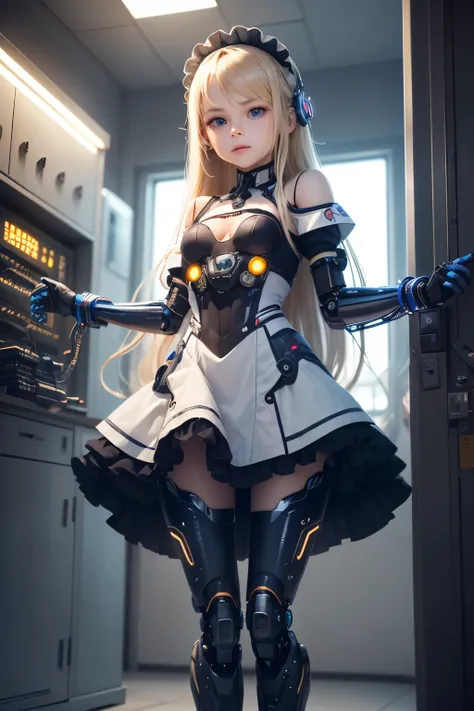   girl ,girl 12 year old  , mechanical face , futuristic maid dress ,flat  chest ,long blonde hair frinje ,(loli body), mechanic-headband, blue leds ,blue  light auréola,   quality, 8k ,maid uniform , Cyborg arms. Mechanical Limbs Metal,  Mechanical legs ....