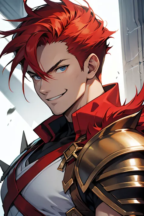 man, white skin, smile, strong and spiky red hair, anime style, Greek warrior armor