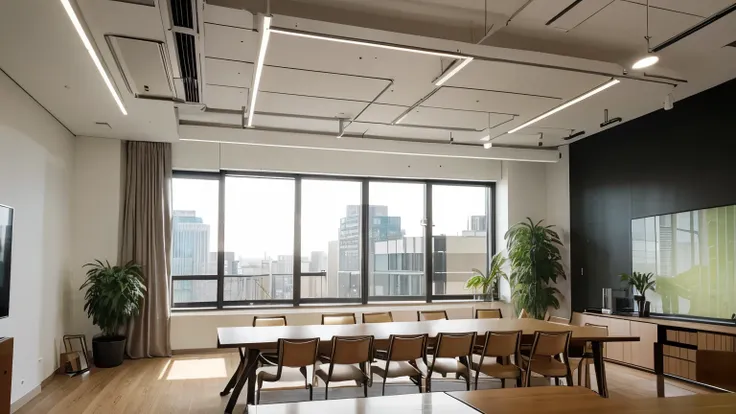 Create an image of a stylish and modern meeting room of a large company, in a commercial building in a large city. It should have a contemporary and sophisticated atmosphere, with light wood or neutral-toned furniture. Lighting should be bright and clear, ...