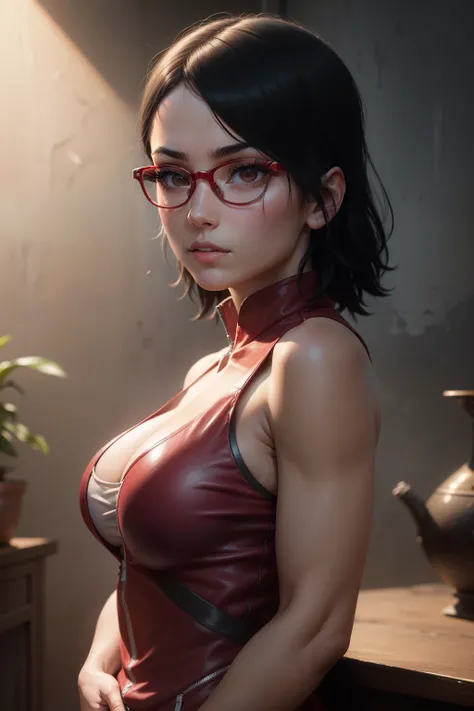 (highres,masterpiece:1.2),ultra-detailed,realistic,professional,beautiful detailed eyes,beautiful detailed lips,dark hair,short black hair,red glasses,Very big breasts,stunning black eyes,clear skin,18-year-old girl,fashionable short hairstyle,vibrant red ...