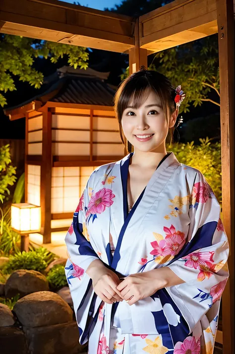 Mature attractive woman, japanese summer kimono, japanese shrine at night, starry sky, chubby, big tits, smile, masterpiece, best quality