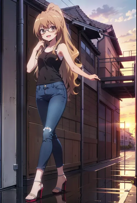 taiga aisaka, taiga aisaka, Long Hair, Brown Hair, Brown eyes,happy smile, smile, Open your mouth,ponytail,Black-rimmed glasses,Brown Tank Top,Skinny jeans,Stiletto heels,The rising sun,morning,morning陽,walking,whole bodyがイラストに入るように,
break outdoors, constr...