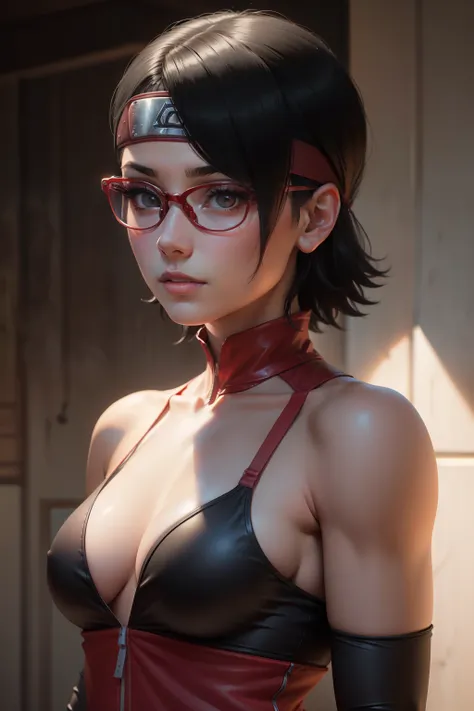 (highres,masterpiece:1.2),ultra-detailed,realistic,professional,beautiful detailed eyes,beautiful detailed lips,dark hair,short black hair,red glasses,Very big breasts,stunning black eyes,clear skin,18-year-old girl,fashionable short hairstyle,vibrant red ...