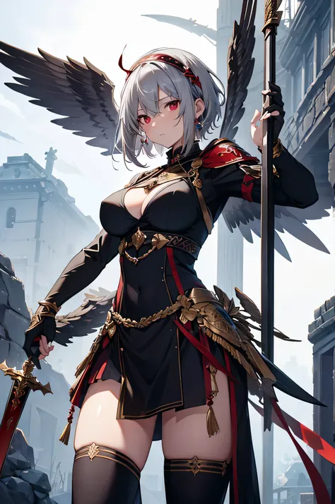 4K,High resolution,One Woman,Grey Hair,Short Hair,Red eyes,Big Breasts,Valkyrie,black sacred armor,Hair band with wings,Gold decoration,Jewelry decoration,Holy Long Sword,Temple in the Sky