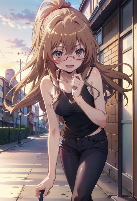 taiga aisaka, taiga aisaka, Long Hair, Brown Hair, Brown eyes,happy smile, smile, Open your mouth,ponytail,Black-rimmed glasses,Brown Tank Top,Skinny jeans,Stiletto heels,The rising sun,morning,morning陽,walking,whole bodyがイラストに入るように,
break outdoors, constr...