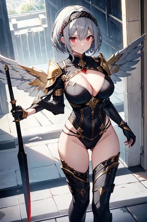 4K,High resolution,One Woman,Grey Hair,Short Hair,Red eyes,Big Breasts,Valkyrie,black sacred armor,Hair band with wings,Gold decoration,Jewelry decoration,Holy Long Sword,Temple in the Sky