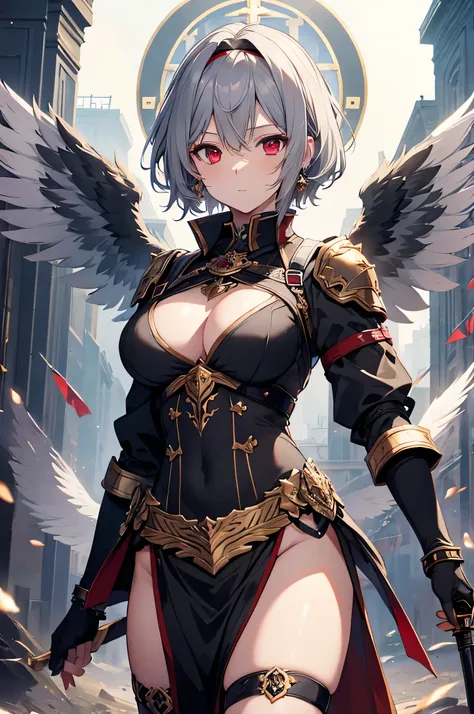 4K,High resolution,One Woman,Grey Hair,Short Hair,Red eyes,Big Breasts,Valkyrie,black sacred armor,Hair band with wings,Gold decoration,Jewelry decoration,Holy Long Sword,Temple in the Sky