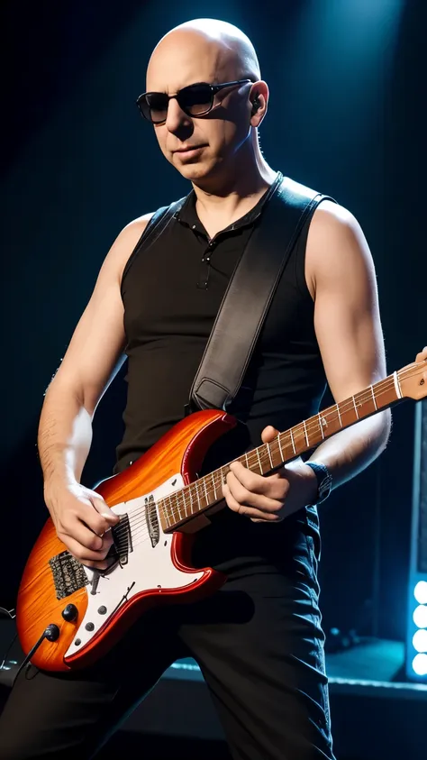 criar joe satriani guitarrist,on stage playing eletric guitar,8k, realista,uhd, full body on satege