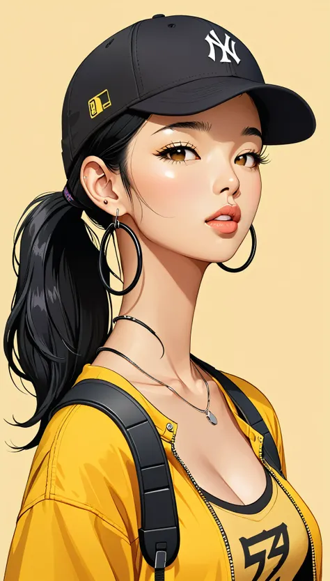 masterpiece, Highest quality, One girl, Iris, Baseball cap, Black Hair, Mouth closed, Earrings, Have, hoop 、 jewelry, View your viewers, shirt, ponytail, Simple Background, alone, Upper Body, yellow shirt 、Headphones、Larger breasts、Asian