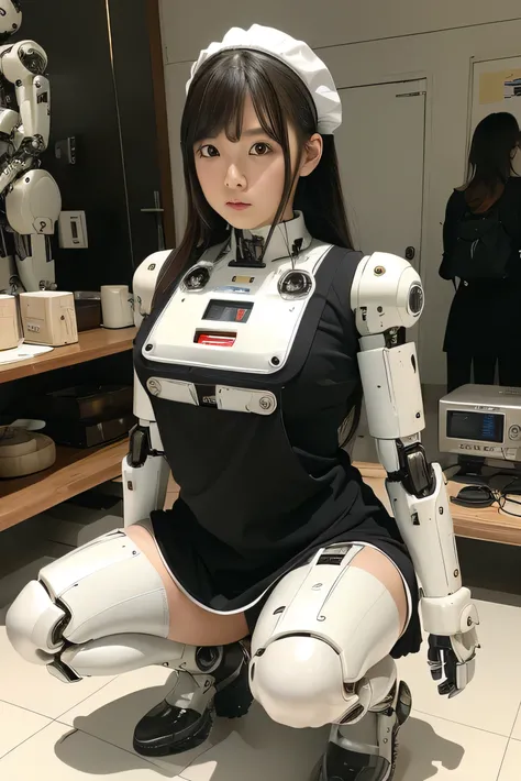 Japanese android girl,Plump , White boots,control panels,activate,Squat,android,droid,Mechanical Hand,clothes with a sense of mechanical technology, Robot arms and legs, Black Robot Parts,black hair,apron,white robot body,ceramic body