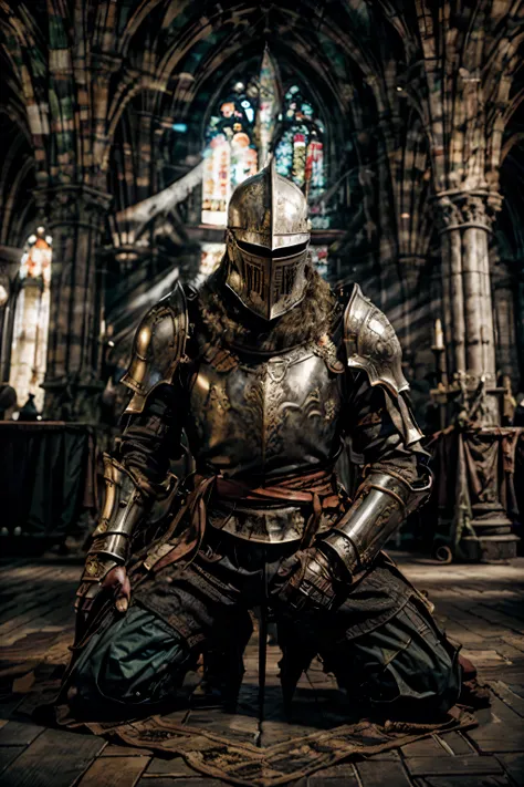 a medieval knight in shining amour, kneeling and praying at an altar in a large cathedral, dramatic backdrop, high contrast, wid...