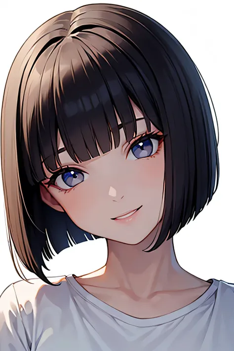 master piece,best quality,ultra-detailed,white background,(close up),(looking at view),(happy:1.3),medium hair,bob cut,blunt bangs,straight hair,black hair,(head tilt:1.5),t-shirt