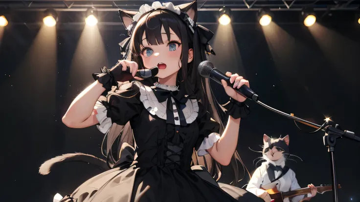 A girl with cat ears and long black hair、Gothic Lolita、Holding a microphone