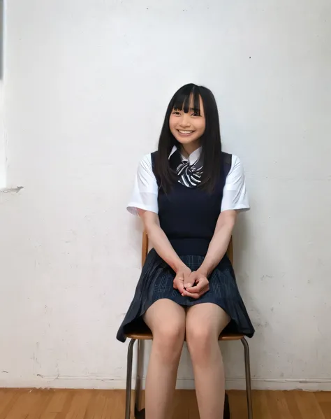 Highest quality,Super detailed,One high school girl,High school girls sitting on chairs in classroom,Blouse with short sleeves,Checkered pleated mini skirt,Turn slightly to the side and look at me,Posing for a photo,Distant scenery is blurry