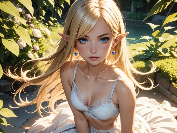 1 girl, Beautiful elf lady, blonde Long straight hair, upturn elf pointy ears, sexy figure, hot body, very beautiful face, detailed face, delicate eyes, detailed pupil, beautiful and delicate lips, blush, shy, heart, in love, white camisole long skirt, Sim...