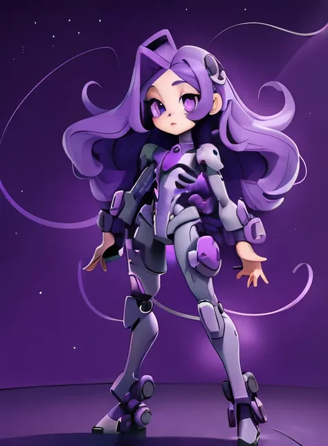 girl, long curly purple hair, purple eyes, purple mech suit, space background,full body