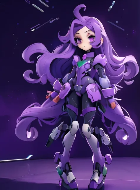 girl, long curly purple hair, purple eyes, purple mech suit, space background,full body