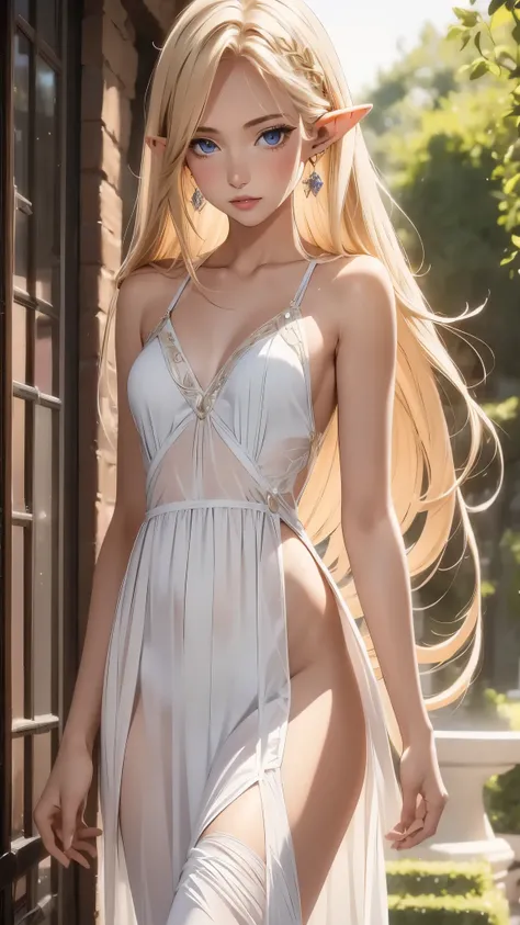 1 girl, Beautiful elf lady, blonde Long straight hair, upturn elf pointy ears, sexy figure, hot body, very beautiful face, detailed face, delicate eyes, detailed pupil, beautiful and delicate lips, blush, shy, heart, in love, white camisole long skirt, Sim...