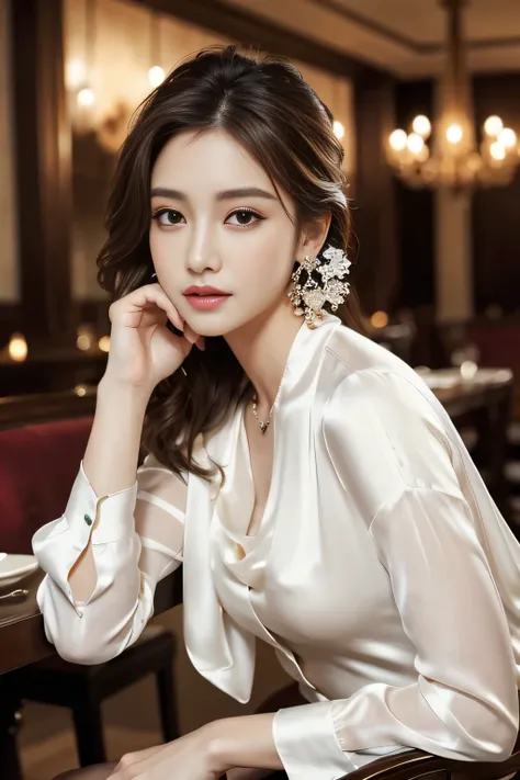 masterpiece, Highest quality, Realistic, Very detailed, Finer details, High resolution, 8k wallpaper, One beautiful woman, Wear an elegant white silk shirt, In a great restaurant, At night, Light brown messy hair, Perfect dynamic composition, Beautiful and...