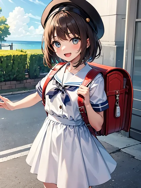 1girl,high school girl, 17 y.o, tall height body, summer dress, day, blush, smile, brown hair, blue eyes, eyebrows visible through hair, puffy sleeves, bag, brown hair, grey headwear, medium hair, randoseru, looking at viewer, short sleeves, backpack, :d, ...