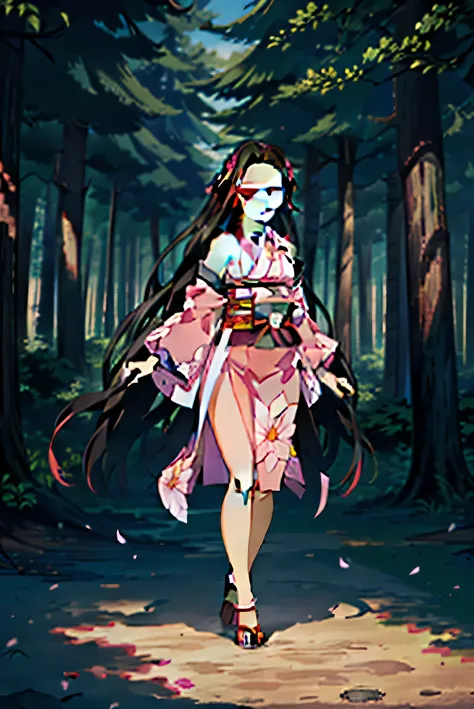 estilo kimetsu no yaiba, 1 girl, Alone, pink eyes, Shiny black hair, extra long hair,   ((Masterpiece)), ((portraits of a)), the forest by day,  ((Masterpiece)), (((high quality))), japanese clothes, pink sleeveless floral kimono, separate sleeves. full bo...