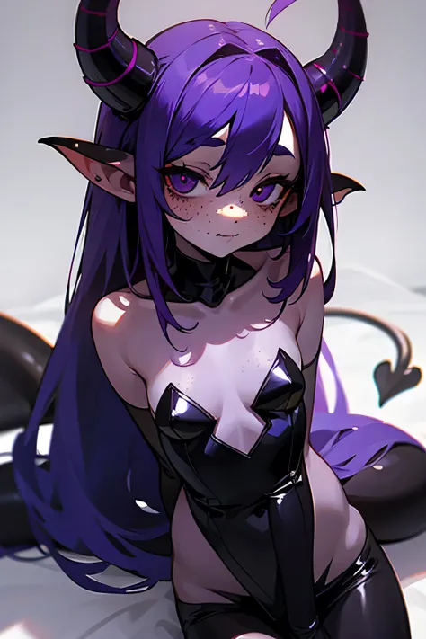 Succubus, small horns, tail, purple skin, black eyes, black freckles