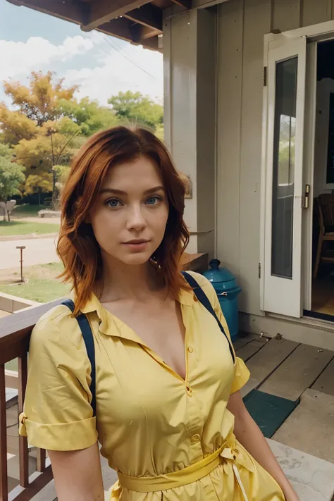 There is a red-haired woman with blue eyes, her hair is short, she is on the porch of her house, she is wearing a yellow jumpsuit, her hair is short 