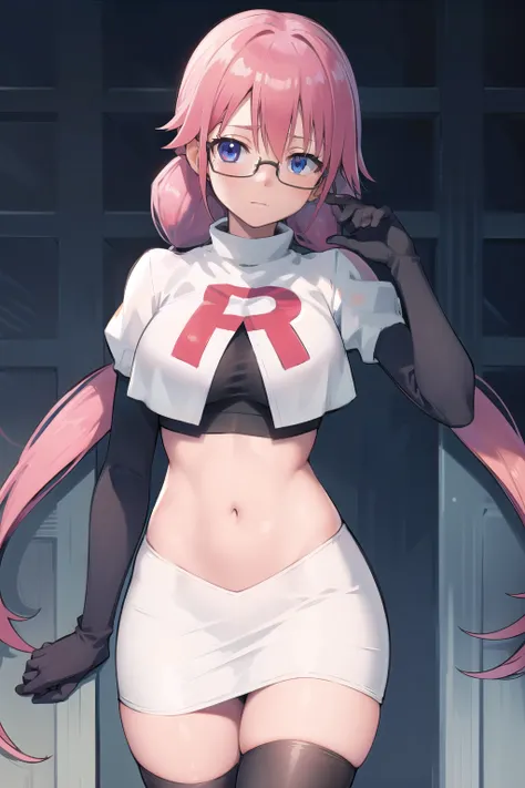 airisakura, airi sakura, blue eyes, glasses, long hair, pink hair, (low twintails:1.5),
BREAK glasses, team rocket,team rocket uniform,white skirt,red letter R,crop top,black thigh-highs,black elbow gloves,
BREAK looking at viewer, 
BREAK (masterpiece:1.2)...