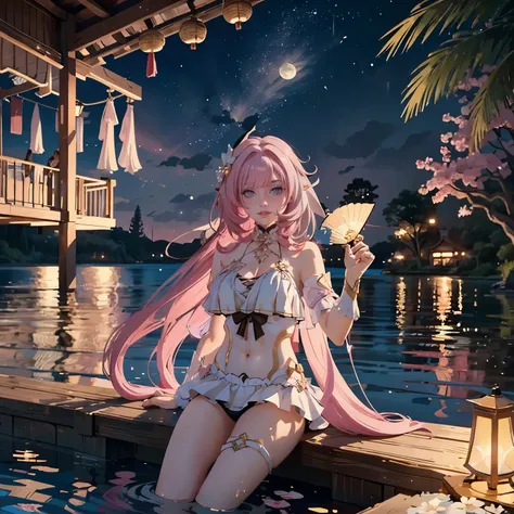 Elysia_(honkai impact), 1 girl, lake scene, seat on the water, pink swim suit, gold details on her clothes, holding a chinese fan, white flowers on focus, full moon, night, flowing hair, crystals, sparkles, swim suit, jewel, lanterns