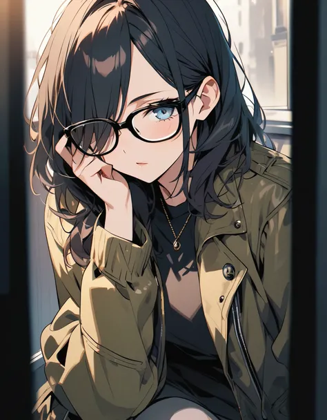 diagonal, bright、Glasses、woman、Jacket、Hiding one eye、stylish