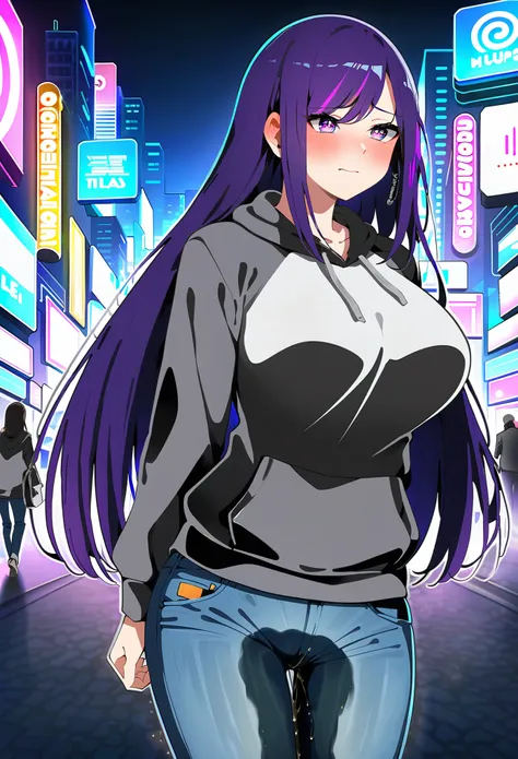 (masterpiece:1.37), best quality, (extremely detailed:1.37), woman, mature, adult, large breasts, very long hair, (straight hair:1.5), dark purple hair, purple eyes, (extremely detailed eyes:1.37), hoodie, jeans, desperation, (wetting: self 3.0), standing,...