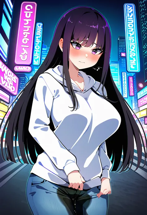 (masterpiece:1.37), best quality, (extremely detailed:1.37), woman, mature, adult, large breasts, very long hair, (straight hair:1.5), dark purple hair, purple eyes, (extremely detailed eyes:1.37), hoodie, jeans, desperation, (wetting: self 3.0), standing,...