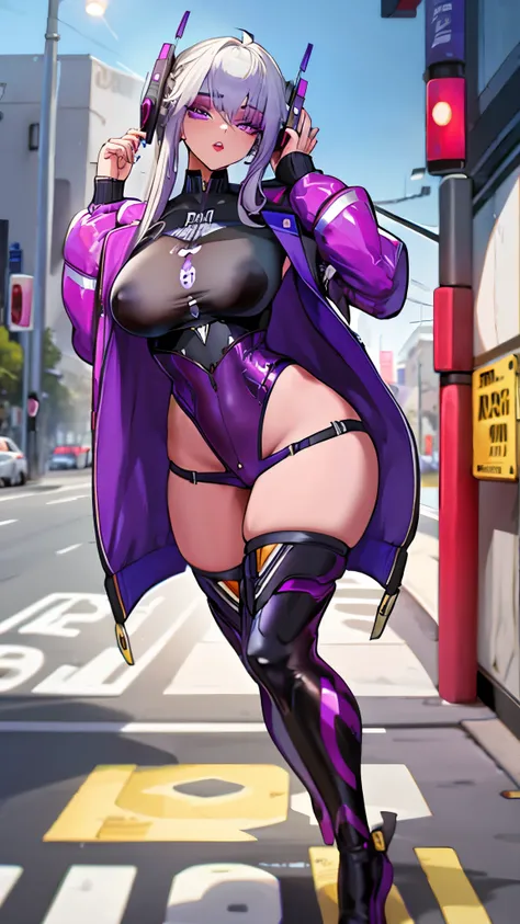 1 girl, by white, wide, tech clothing masterpiece, Best Quality, realist, realism, dark purple jacket, portrait, detailed eyes, using headphones, platinum hair, 21 year old girl, fashion pose, Half body, wide shot, on the street, cyberpunk