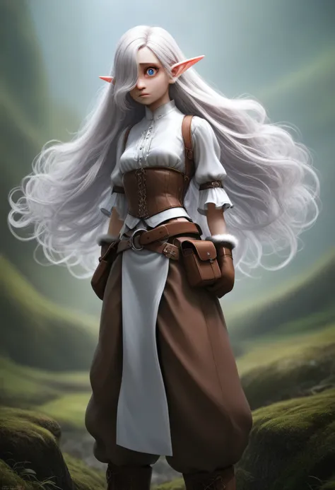 A girl with pale skin, short stature, very long wavy silver hair covering one eye, small breasts, pouty lips, and bright blue anime-style eyes with long lashes, wearing a corset, white puffy long sleeved shirt, and puffy cloth pants, leather bound boots, s...