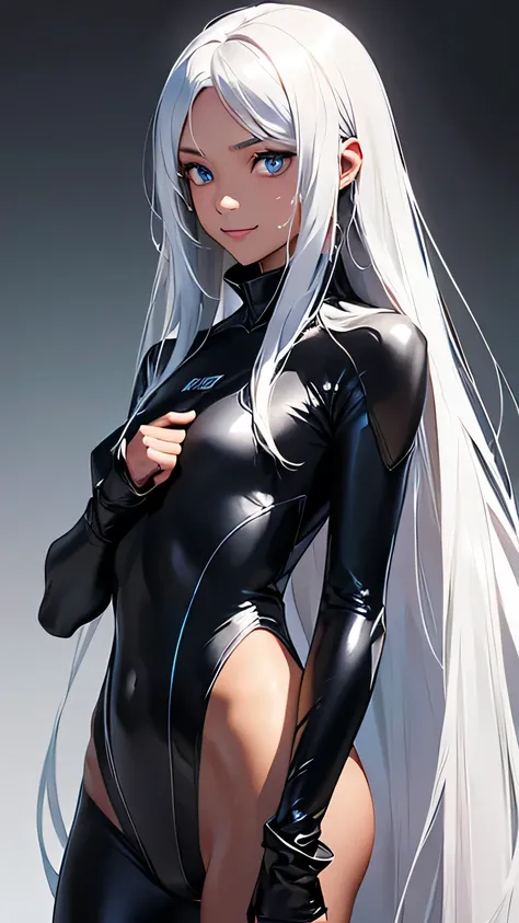 highest quality、Realistic、zoom、girl、Silver Hair、Light blue eyes、Long Straight Hair、Hero Suit、Black shiny bodysuit、Brown Skin、Black body、Dark skin、Black、slender、Sweat、smile、