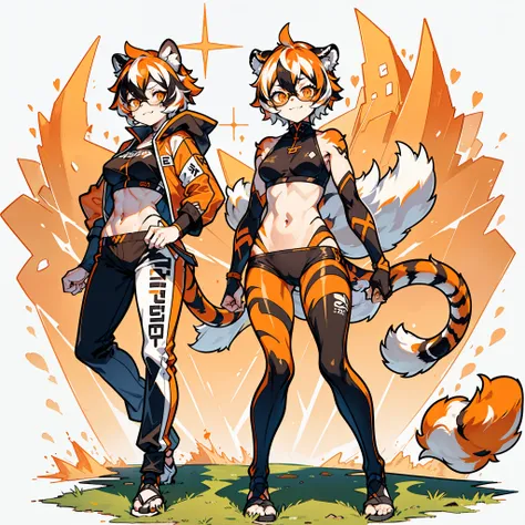 white background, full body, solo, 1girl,Standing, heading up, proud , young girl, animal ears, arknights, white hair, black hair, round eyewear, glasses, OPPEIN, short hair, large breasts, muscle，tail, orange eyes, orange hair, multicolored hair, tiger gi...