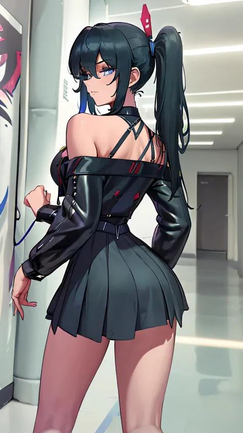 ((Masterpiece, Best Quality))1 girl, Alone, black dress, Blue eyes, electric guitar, guitar, headphones, double ponytail, tenure, tenure plectrum, instrument, wide, music, one side up, bluish green fur, twin tails, playing the guitar, pleated skirt, black ...