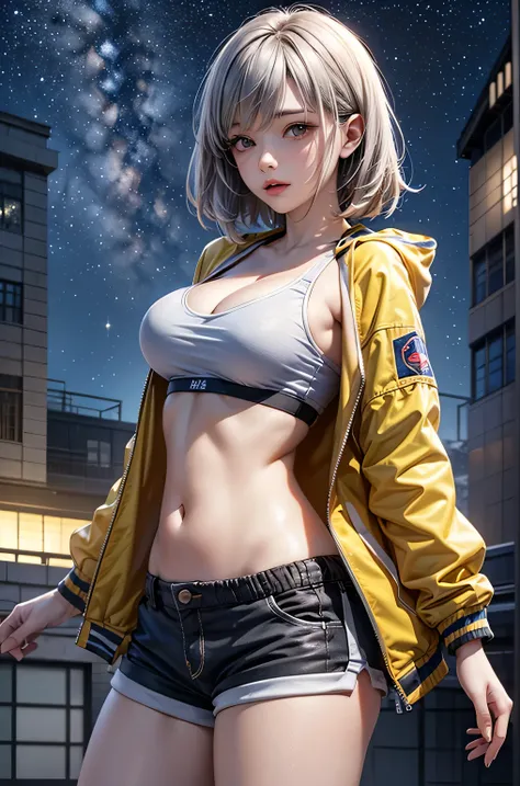 (masterpiece:1.5, Highest quality, Very detailed、 Dutch Angle、Realistic、2.5D、Realistic)(One Girl, Sports Girl, cutegirl)(Grey Hair:1.6,,short hair)(Sports Bra、Jacket:1.5、Shorts、肩にJacketをかける)、((medium breasts, Beautiful cleavage,underboob))(from backside),(...