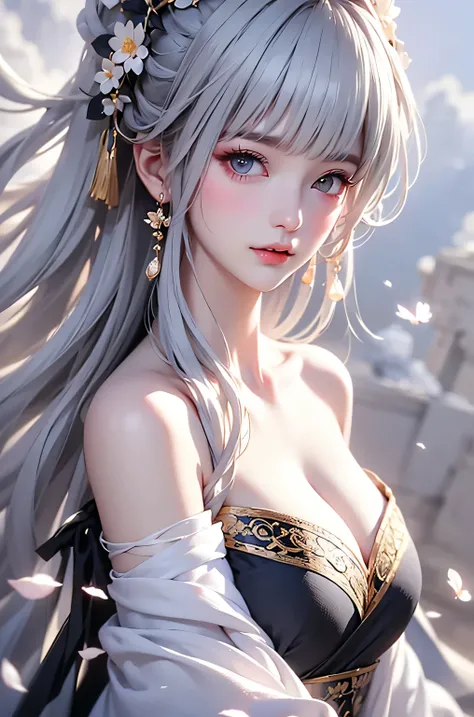 super high quality, masterpiece, Perfect illustration, Very detailed、8k wallpaper, Very detailed (Exquisite light and shadow, Very dramatic photo,Backlight) , ((Gray Hair:1.5))1 Girl, alone, (Wearing Han clothes, Royalty、Black and white Hanfu,Thick fabric,...