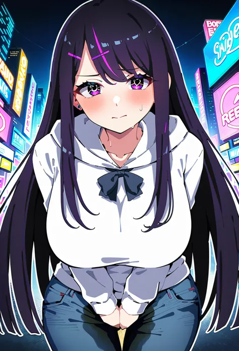 (masterpiece:1.37), best quality, (extremely detailed:1.37), woman, mature, adult, large breasts, very long hair, (straight hair:1.5), dark purple hair, purple eyes, (extremely detailed eyes:1.37), hoodie, jeans, desperation, (wetting: self 3.0), standing,...